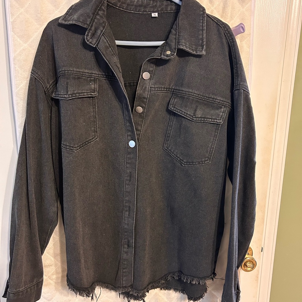 Black Denim Jacket with Frayed Hem